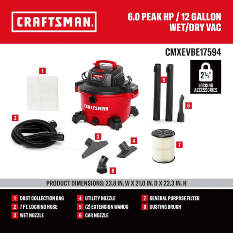CRAFTSMAN CMXEVBE17594 12 Gallon 6.0 Peak HP Wet Dry Vac, Portable Shop Vacuum Wet and Dry with Filter, Dust Bag, Hose, Dusting Brush and Attachments for Home Projects & Renovations