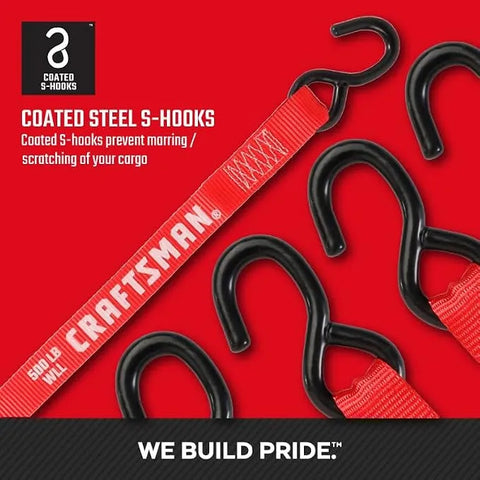 CRAFTSMAN 1" x 12' x 1,500 lbs Ergonomic Light-Duty Ratchet Straps, 4-Pack | 1,500 lbs Break Strength, Weather-Resistant, Padded Ergonomic Grip Handles, Coated S-hooks, Easy to Secure Lightweight Cargo