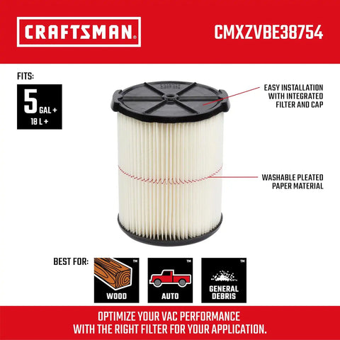 CRAFTSMAN CMXZVBE38754 Genuine 5-20 Gal. General Purpose Wet Dry Vac Filter | Fits Most 5 to 20 Gallon CRAFTSMAN Shop Vacuums, Easy Installation and Traps General Debris