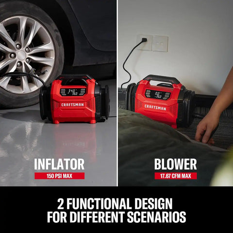 CRAFTSMAN Dual Power Tire Inflator with Digital Gauge & Auto Shut-Off | 12V DC Car Plug and 120V AC Home Use with Up to 150 PSI, LED Light, Portable Air Pump for Car Tires, Bikes and Inflatables