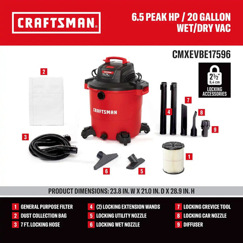 CRAFTSMAN CMXEVBE17596 20 Gallon 6.5 Peak HP Wet Dry Shop Vacuum | Heavy-Duty Wet and Dry Vac with Filter, Dust Bag, Hose and Attachments for Shop, Garage, Jobsite Cleaning