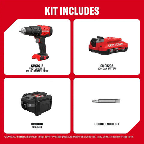 CRAFTSMAN 20V MAX 1/2 Cordless Hammer Drill, Includes Battery (2 Ah), Charger and Double Ended Bit, Variable Speed Power Hammer Drill with LED Light (CMCD712D1)