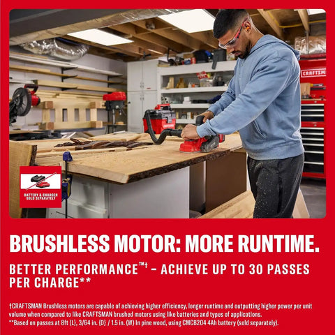 CRAFTSMAN V20 Cordless Brushless Hand Planer, 3-1/4 In. Fast Cutting Wood Planer with Dust Bag, Up to 15,000 RPM, Tool Only (CMCW350B)
