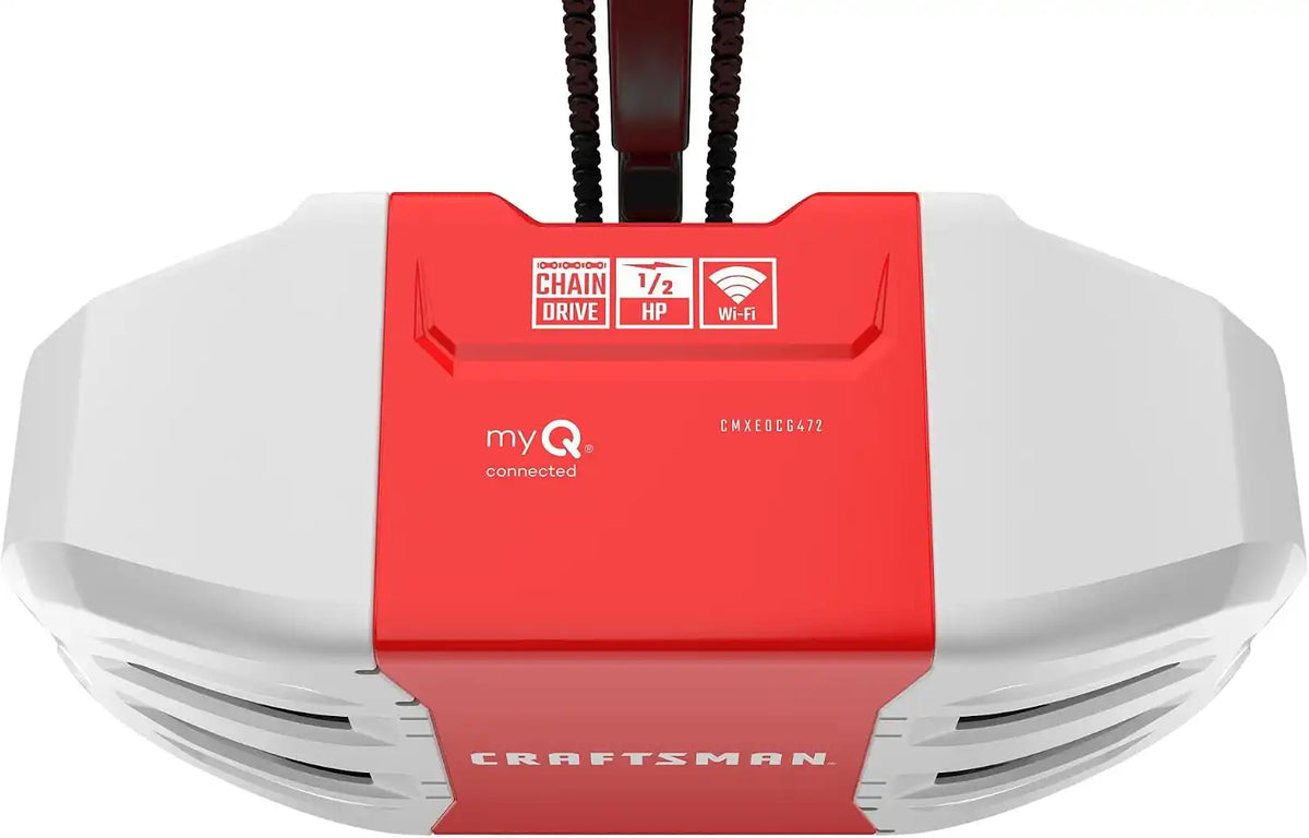CRAFTSMAN 1/2 HP Smart Garage Door Opener - myQ Smartphone Controlled - Chain Drive, Wireless Keypad Included, Model CMXEOCG472, Red