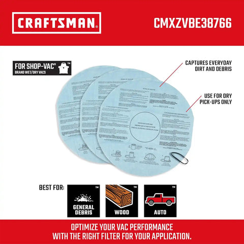 CRAFTSMAN CMXZVBE38766 Wet Dry Shop Vacuum Dry Filters with Band | Reusable, Dry Only Filters for Most Shop-Vac Branded Shop Vacuums, 3-Pack