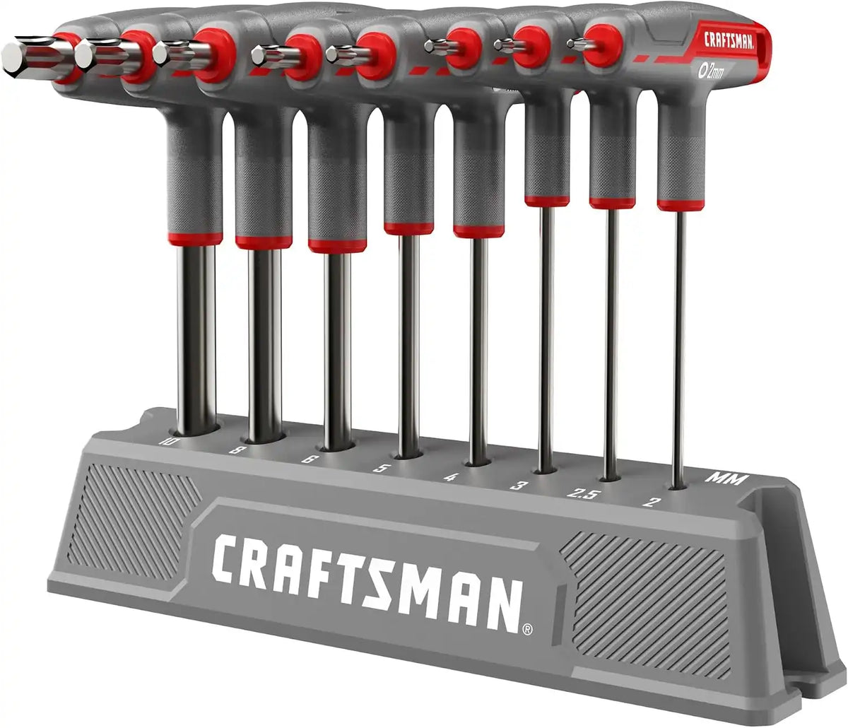 CRAFTSMAN OVERDRIVE Metric T Handle Allen Wrench Set, 8 PC (CMHT26033) | Steel T-handle hex key set, Includes 8 PCs from 2 mm to 10 mm, Corrosion resistant, Tight Torque, Organizer stand