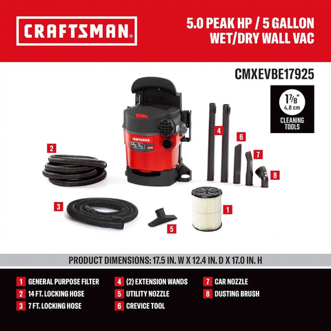 CRAFTSMAN CMXEVBE17925 5 Gallon 5.0 Peak HP Wet Dry Shop Vacuum