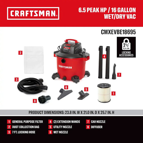 CRAFTSMAN CMXEVBE18695 16 Gallon 6.5 Peak HP Wet Dry Shop Vacuum