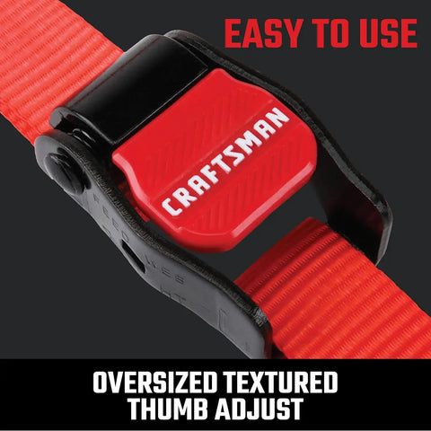 CRAFTSMAN 1" x 10' x 900 lbs Light-Duty Cam Buckle Tie-Down Straps, 4-Pack | 900 lbs Break Strength, XL Padded Grip Release Lever, Weather‑Resistant, Coated S‑Hooks, Easy to Use for Lightweight Cargo