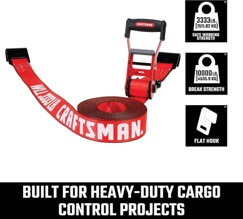 CRAFTSMAN 2" x 27' x 10,000 lbs Ratchet Strap with Flat Hooks, 1‑Pack | 10,000 lbs Break Strength, Wide‑Grip Ergonomic Handle, WSTDA Weather‑Resistant Straps, Flat Hooks for Industrial Cargo