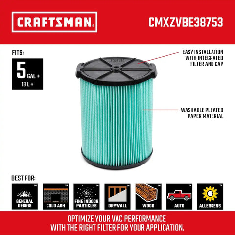 CRAFTSMAN CMXZVBE38753 Genuine 5-20 Gal. HEPA Media Wet Dry Vacuum Filter | Fits Most 5 to 20 Gallon CRAFTSMAN Shop Vacuums, Easy Installation and Traps Allergens