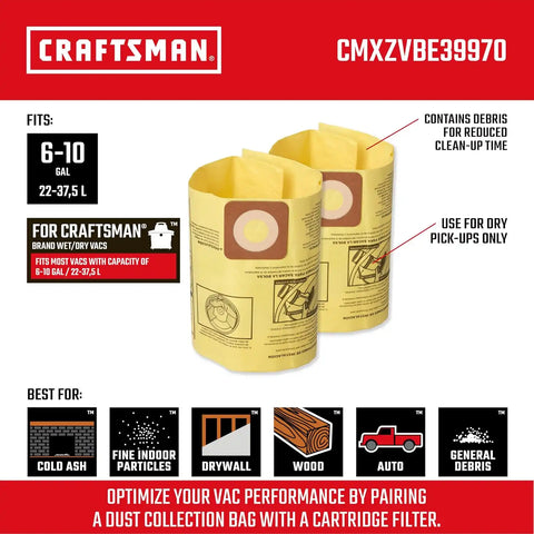 CRAFTSMAN CMXZVBE39970 Genuine 6-10 Gal. Wet Dry Vac Dust Collection Bags | For Fine Dust, Fits Most 6 to 10 Gallon CRAFTSMAN Shop Vacuums, Collects Dry Fine Debris, Reduces Cleanup Time, 2-Pack