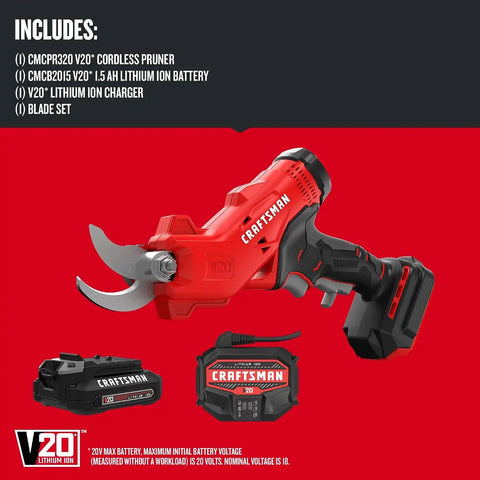 CRAFTSMAN V20 Cordless Electric Pruner, Pruning Shears for Gardening, 2 Ah Battery and Charger Included, Electric Pruning Shears, Tree Pruner (CMCPR320C1)