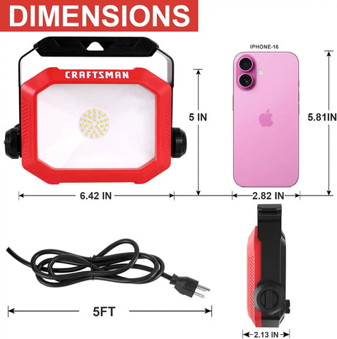CRAFTSMAN 2500 Lumen LED Portable Work Lights with 2-in-1 Adjustable Metal Stand/Handle, Cool White, Shatterproof Glass Lens, 5FT Power Cord, ETL Certifed, Perfect for Heavy duty