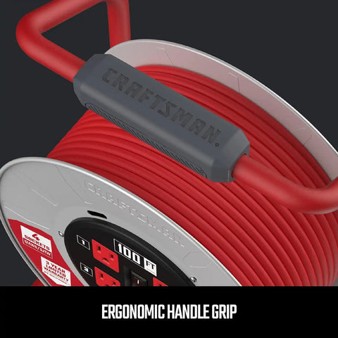 CRAFTSMAN 100 Ft. Contractor Retractable Cord Reel, 4 Outlets | 12 AWG SJTW cable, heavy-duty build, ideal for job sites and workshops