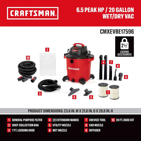CRAFTSMAN CMXEVBE17596 20 Gallon 6.5 Peak HP Wet Dry Shop Vacuum Bundle