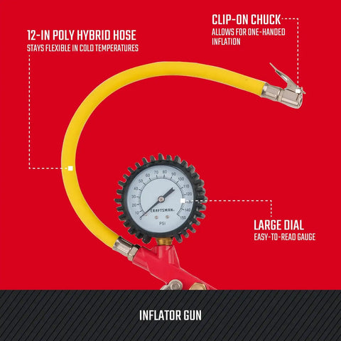 CRAFTSMAN Inflator Gun, 0-150 PSI, 3-in-1 Multi-Function Gauge, Air Chuck and Relief Valve, Cold-Resistant 12-in Inflation Hose, Versatile Attachments, and 1/4-in NPS Male Threads