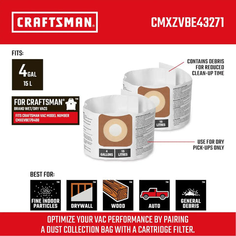 CRAFTSMAN CMXZVBE43271 Genuine 4 Gal. Wet Dry Vacuum Dust Collection Bags
