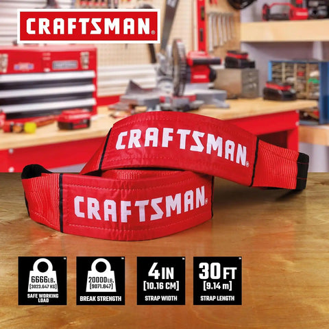 CRAFTSMAN 4" x 30' Heavy Duty Tow Recovery Strap with Loop Ends | 20,000 lbs Break Strength, Weather-Resistant Strap, Reinforced Looped Ends, Emergency Off-Road 4X4 Tow and Recovery Solution