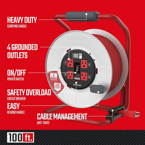 CRAFTSMAN 100 Ft. Contractor Retractable Cord Reel, 4 Outlets | 12 AWG SJTW cable, heavy-duty build, ideal for job sites and workshops