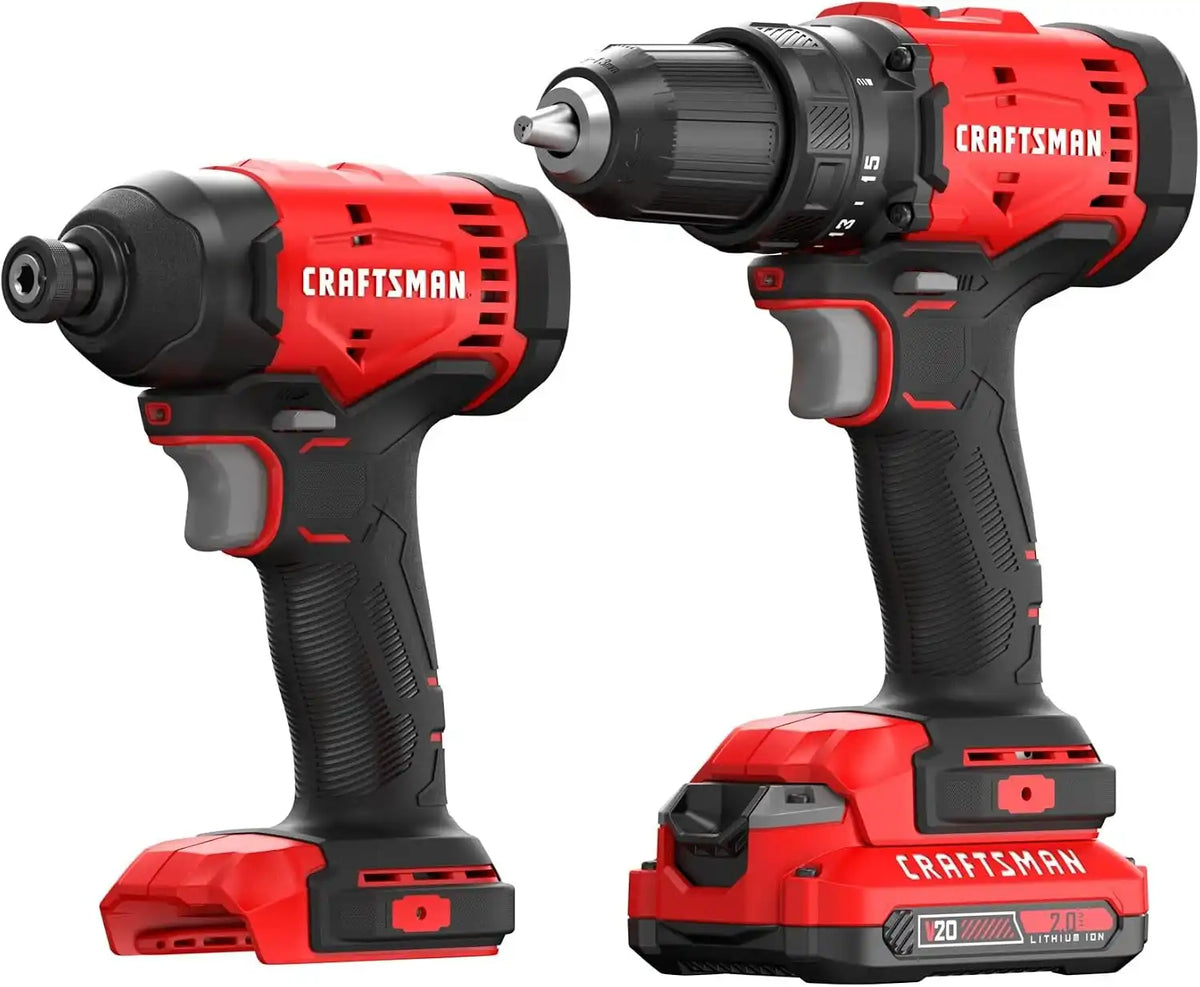 CRAFTSMAN V20 Cordless Drill Set and Impact Driver, Includes 2Ah Battery and Charger, Power Tool Set with 1700 RPM 1/2 In. Power Drill, 1800 Torque 1/4 In. Impact Screwdriver, LED (CMCK201D1)