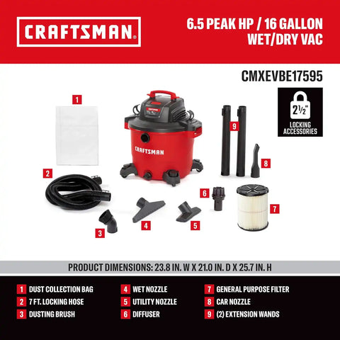 CRAFTSMAN CMXEVBE17595 16 Gallon 6.5 Peak HP Wet Dry Shop Vacuum Bundle
