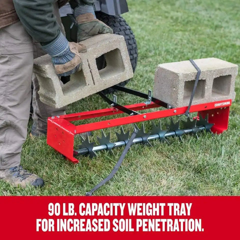 CRAFTSMAN (CMXGZBF7124336), 36-Inch Tow Spike Tow Behind Spike Aerator for Aerating Lawns; 9 Galvanized Steel Disks, 90lbs Capacity Weight Tray for Better Aeration, Universal Hitch, Red