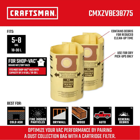 CRAFTSMAN CMXZVBE38775 5-8 Gal. Wet Dry Shop Vacuum Dust Collection Bags | For Fine Dust, Fits Most 5 to 8 Gallon Shop Vacuums, Collects Dry Fine Debris, Reduces Cleanup Time, 2-Pack