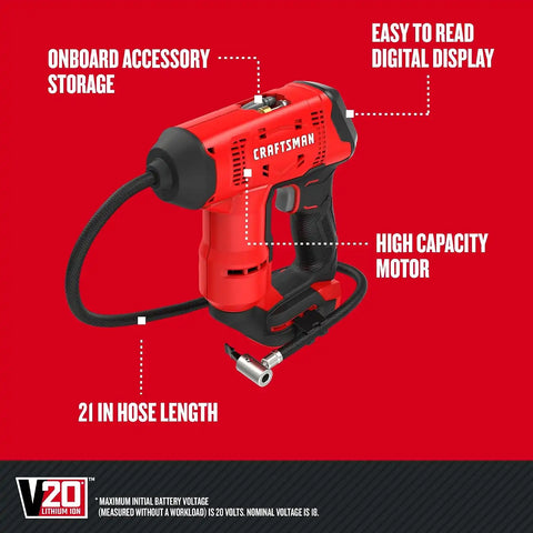 CRAFTSMAN V20 Air Compressor Portable, Cordless Tire Inflator, Up To 150 PSI Tire Pump, with Digital Pressure Gauge, Tool Only (CMCE521B)