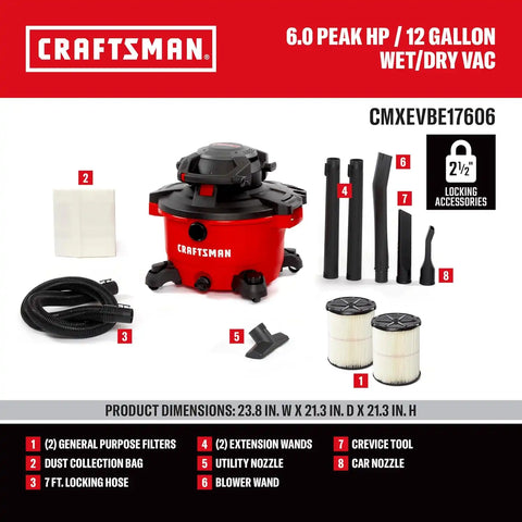 CRAFTSMAN CMXEVBE17606 12 Gallon 6.0 Peak HP Wet Dry Vac with Detachable Leaf Blower, Portable Shop Vacuum Wet and Dry with 2 Filters, Dust Bag, Hose and Attachments for Garage, Outdoor Cleaning