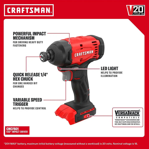 CRAFTSMAN V20 Cordless Drill Driver and Impact Driver, 2 x 2Ah Lithium Ion Battery and Charger, Two Power Tools, 1700 RPM 1/2 In. Electric Drill, 1800 Torque 1/4 Impact Screwdriver (CMCK201D2)