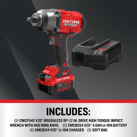 CRAFTSMAN V20 RP Impact Wrench, Cordless, Brushless, High Torque, 1/2 Inch, 4Ah Battery and Charger Included (CMCF940M1)