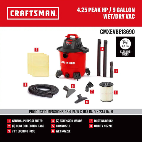CRAFTSMAN CMXEVBE18690 9 Gallon 4.25 Peak HP Wet Dry Vac, Portable Shop Vacuum Wet and Dry with Filter, 3 Dust Bags, Dusting Brush, Hose and Attachments for Home, Garage and Automotive Cleaning