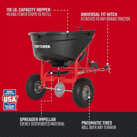 Craftsman Pull-Behind Lawn Broadcast Spreader for Seed, Fertilizer & Ice Melt, 110 lb Capacity with Universal Hitch, Made in USA
