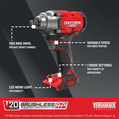 CRAFTSMAN V20 Cordless Impact Wrench, 1/2 inch, Bare Tool Only (CMCF921B)