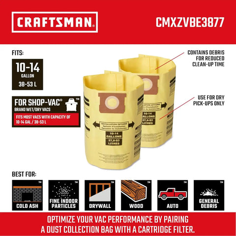 CRAFTSMAN CMXZVBE3877 10-14 Gal. Wet Dry Shop Vacuum Dust Collection Bags | For Fine Dust, Fits Most 10 to 14 Gallon Shop Vacuums, Collects Dry Fine Debris, Reduces Cleanup Time, 2-Pack