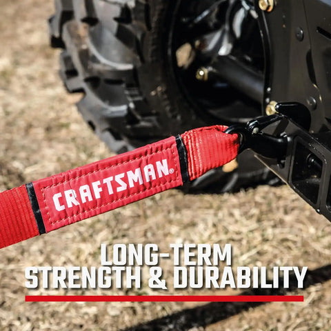 CRAFTSMAN 2" x 20' Tow Strap with Coated, Forged Steel Safety Clip Hooks | 9,000 lbs Break Strength, Coated Forged Steel Safety Clip Hooks, Weather-Resistant Strap, Emergency Flat Terrain Tow Solution