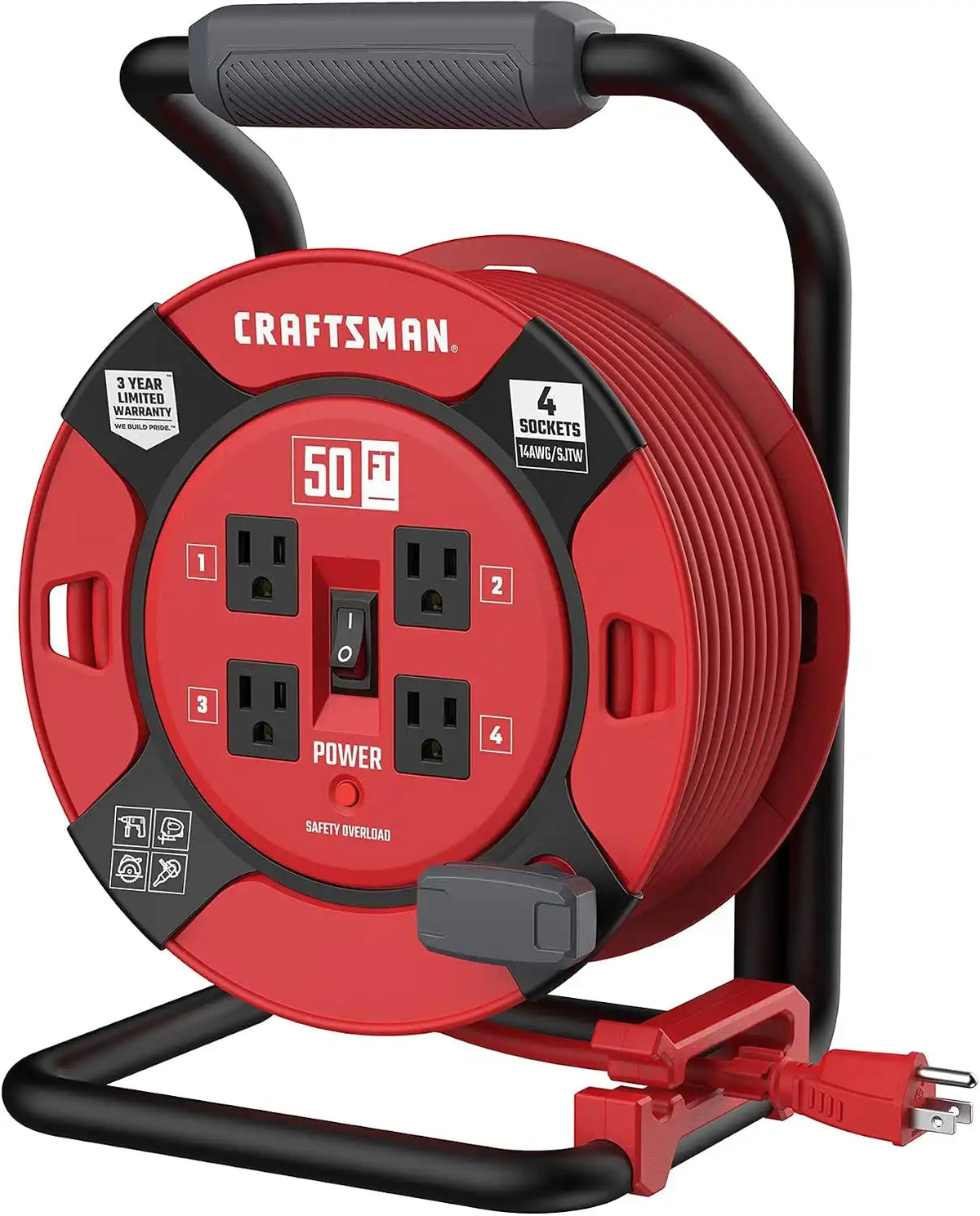 CRAFTSMAN 50 Ft. Retractable Extension Cord Reel, 4 Outlets | 14 AWG SJTW cable, heavy-duty build, ideal for garage or job site power