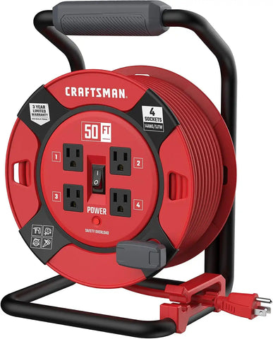 CRAFTSMAN 50 Ft. Retractable Extension Cord Reel, 4 Outlets | 14 AWG SJTW cable, heavy-duty build, ideal for garage or job site power