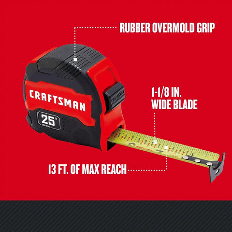 CRAFTSMAN 25-Ft Tape Measure with Fraction Marketing,Retractable,Manual-Locking Blade (CMHT37443S),(Pack of 12)