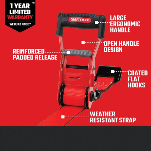 CRAFTSMAN 2" x 27' x 10,000 lbs Ratchet Strap with Flat Hooks, 1‑Pack | 10,000 lbs Break Strength, Wide‑Grip Ergonomic Handle, WSTDA Weather‑Resistant Straps, Flat Hooks for Industrial Cargo