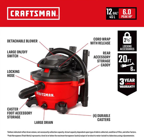 CRAFTSMAN CMXEVBE17606 12 Gallon 6.0 Peak HP Wet Dry Vac with Detachable Leaf Blower, Portable Shop Vacuum Wet and Dry with 2 Filters, Dust Bag, Hose and Attachments for Garage, Outdoor Cleaning