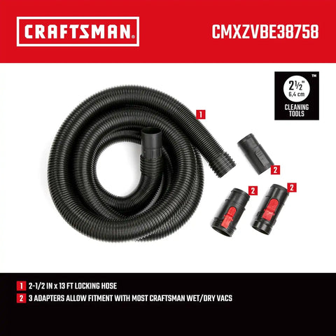 CRAFTSMAN CMXZVBE38758 2-1/2 in. x 13 ft. POS-I-LOCK Wet Dry Vacuum Hose | Industrial-Grade Shop Vacuum Hose Attachment Kit, Fits Most CRAFTSMAN Wet/Dry Vacuums with a 2-1/2 in. Diameter Inlet