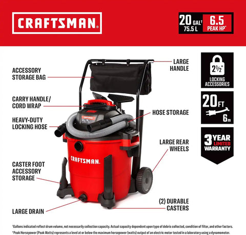 CRAFTSMAN CMXEVBE17656 20 Gallon 6.5 Peak HP Wet Dry Vac with Cart, Heavy-Duty Shop Vacuum Wet and Dry with Fine Dust Filter, Dust Bag, 20 ft. Hose and Attachments for Shop, Garage, Jobsite Cleaning
