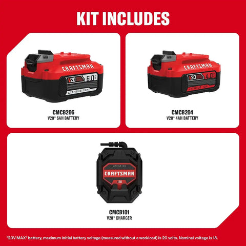 CRAFTSMAN 20V Power Tool Battery 2-Pack, Lithium-ion with Charger (CMCB204-2CK)