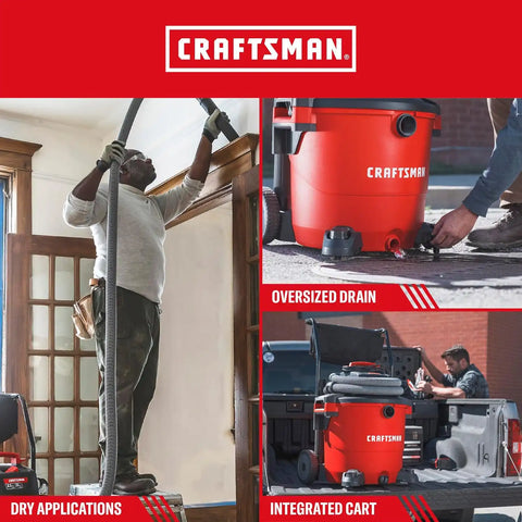 CRAFTSMAN CMXEVBE17656 20 Gallon 6.5 Peak HP Wet Dry Vac with Cart, Heavy-Duty Shop Vacuum Wet and Dry with Fine Dust Filter, Dust Bag, 20 ft. Hose and Attachments for Shop, Garage, Jobsite Cleaning