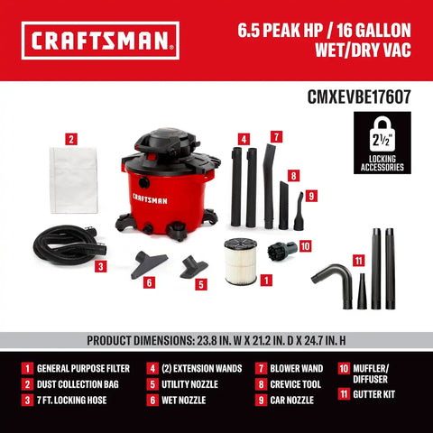 CRAFTSMAN CMXEVBE17607 16 Gallon 6.5 Peak HP Wet Dry Blower Vacuum Bundle
