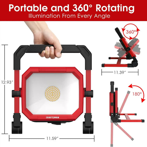 CRAFTSMAN 4500LM 46W LED Work Light, Wet Rated, 450W Equivalent, 5ft 1.52m Cord with Plug, 4000K, Fold-Flat Design, 360° Rotating Head, Portable Working Lights for Workshop Garage, Construction Site