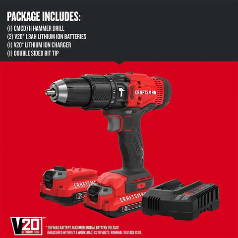 CRAFTSMAN V20 Cordless Hammer Drill Kit, 1/2 inch, 2 Batteries and Charger Included (CMCD711C2)