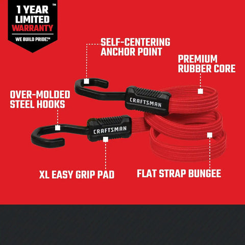 CRAFTSMAN 36" Flat Bungees with Self Centering X-Large Hooks, 32 Pack | XL Non Scratch Steel-Core Hooks, Textured Grip Pad, Easily Stretch and Secure Lightweight Gear, Trunk Cargo & Everyday Hauls